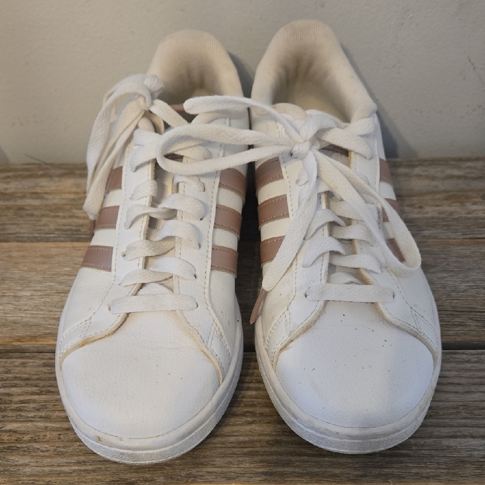 Adidas White And Rose Gold Striped Sneakers